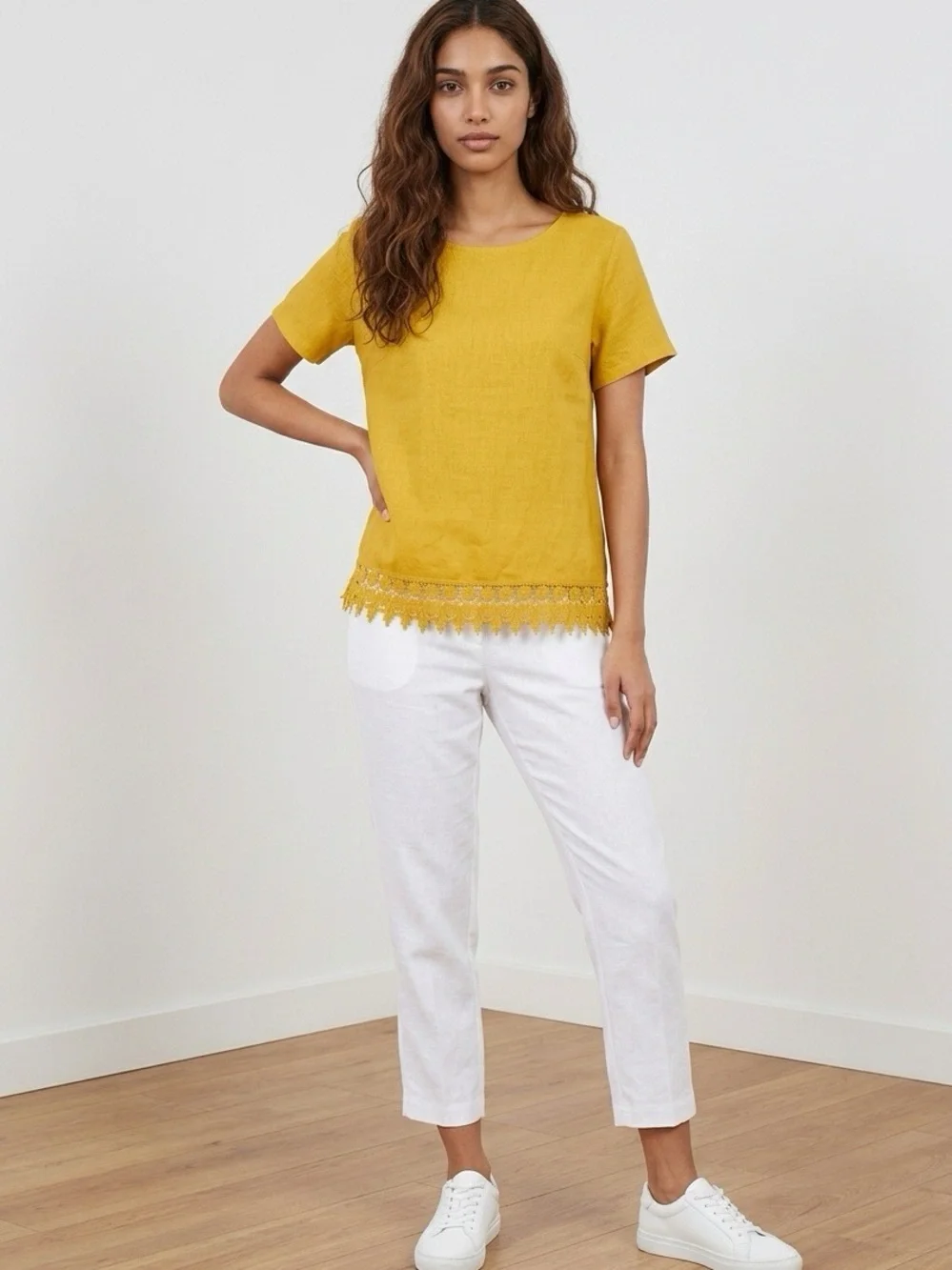 Terzo Millennio Linen Mustard Short-Sleeve Lace-Hem Top Size Small